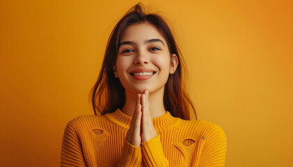 Moment of love and appreciation. Adorable cheerful woman keeps both palms pressed together near heart in gratitude symbol, smiles gently, thanks fate for wellbeing, expresses sincere emotions
