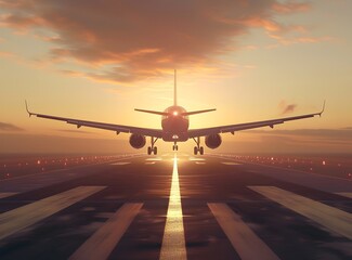Image Title: Airplane Landing at Sunset