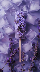 Layout made from lavender flowers, ice cream on a stick, and ice cubes. Soft violet. Minimal creative food concept. Flat lay