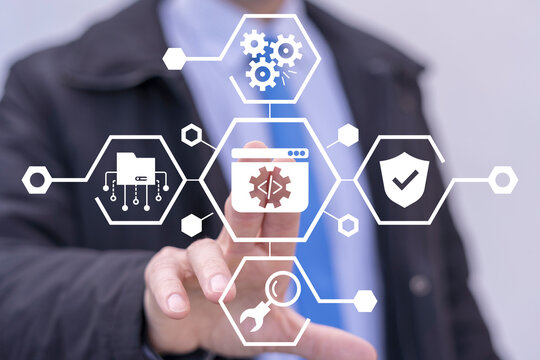 Man using virtual screen clicks icon: website with programming code. Concept of web computer programming or developing software, game, apps. Artificial coding, CMS, programming, information technology