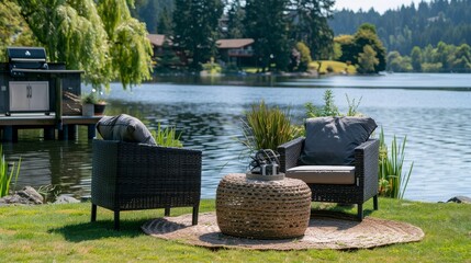 Modern 3-piece patio furniture set with two black plastic outdoor wicker chairs in a grey style and dark brown legs, accompanied by a table on the grass near a serene lake. Ideal garden seating for su
