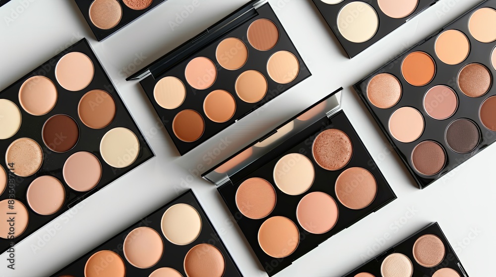 Aufkleber close-up of contouring and highlighting palettes arranged on a white background. generative ai