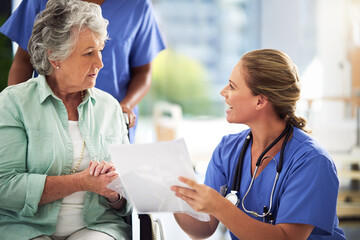 Doctor, senior woman and documents for discussion in hospital, medical results or treatment with...