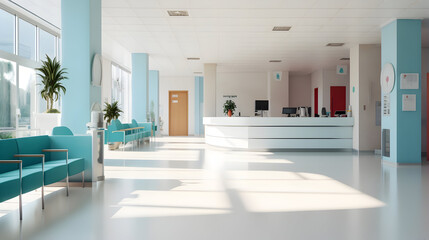 Empty modern hospital corridor, clinic hallway interior background with white chairs for patients waiting for doctor visit. Contemporary waiting room in medical office. Healthcare services concept