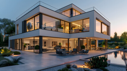 Modern luxury house exterior with large glass windows at sunset, featuring an elegant patio and beautiful outdoor pool in a serene setting.