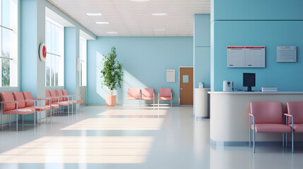 Empty modern hospital corridor, clinic hallway interior background with white chairs for patients waiting for doctor visit. Contemporary waiting room in medical office. Healthcare services concept
