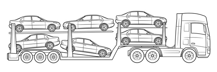 Modern cars carrier truck illustration - black and white vector stock illustration