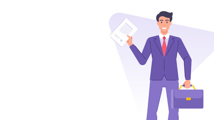 Business man in suit with contract deal blank banner design template vector flat illustration
