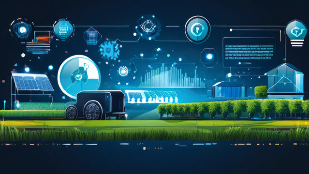 Smart agricultural technology. A greenhouse with solar panels on the roof. Various icons and symbols hover above the stage representing different aspects of modern technology such as data analytics, c