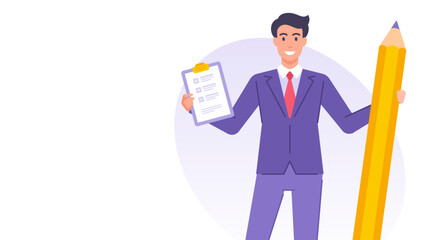 Cartoon business man time management productivity efficiency banner design template vector flat
