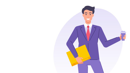 Business man with coffee paper cup and document folder banner design template vector flat