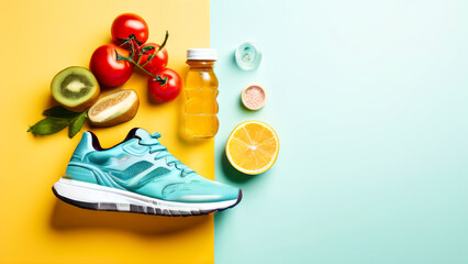 This composition hints at the theme of health and fitness, combining proper nutrition with physical activity, which is symbolized by the athletic shoes.