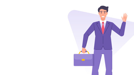 Cartoon business man with briefcase waving hand banner design template vector flat illustration