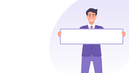 Smiling business man with blank board information message banner design template vector flat