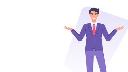 Smiling business man spreading hands showing presenting banner design template vector flat