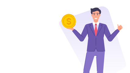 Cartoon business man with golden coin cash money dollar banner design template vector flat