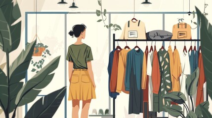 An illustration in 2D flat style featuring a character shopping for ethical fashion at a boutique. The minimalist design highlights racks of eco-friendly apparel, with tags indicating sustainable