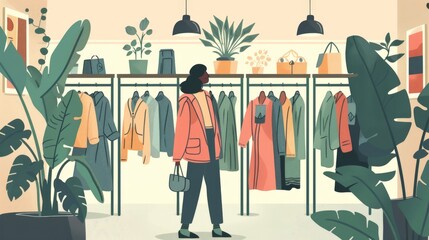 An illustration in 2D flat style featuring a character shopping for ethical fashion at a boutique. The minimalist design highlights racks of eco-friendly apparel, with tags indicating sustainable
