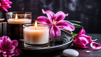 The image depicts a tranquil spa interior with various objects that are commonly associated with relaxation and self-care. A pink flower, possibly frangipani, lies on smooth black stones.
