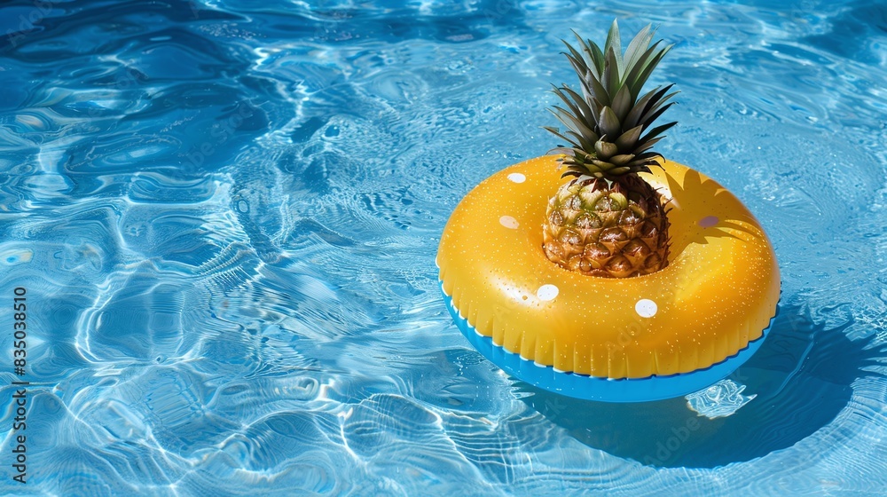 Wall mural A pineapple floating in a pool water. Summer vacation concept - Wall murals