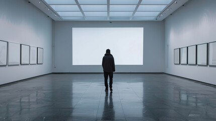 Young man walking through an empty modern art gallery