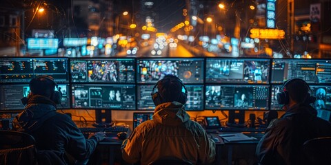 Fototapeta premium Team of operators monitoring multiple screens in a high-tech control room at night