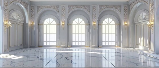 Obraz premium Empty room in Arabic style. Realistic spacious 3d Arabic room with large windows light shines through the window