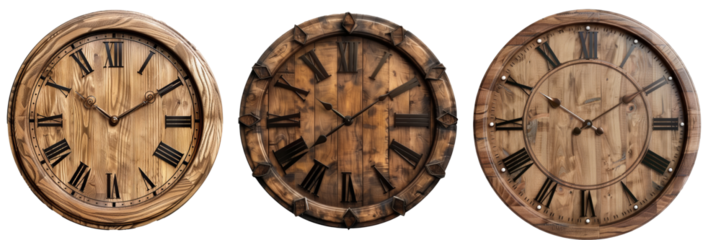 A wooden clock isolated on a transparent png