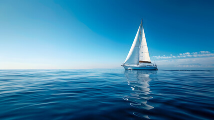 Obraz premium Serene ocean view with solitary sailboat gliding on the calm blue sea under a clear sky