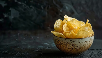 A bowl of potato chips is sitting on a dark table