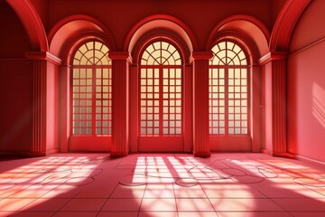 Fototapeta premium Empty room in Arabic style. Realistic spacious 3d Arabic room with large windows light shines through the window