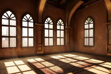 Obraz premium Empty room in Arabic style. Realistic spacious 3d Arabic room with large windows light shines through the window
