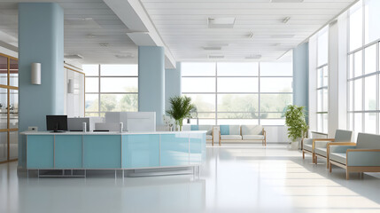 Fototapeta premium Empty modern hospital corridor, clinic hallway interior background with white chairs for patients waiting for doctor visit. Contemporary waiting room in medical office. Healthcare services concept