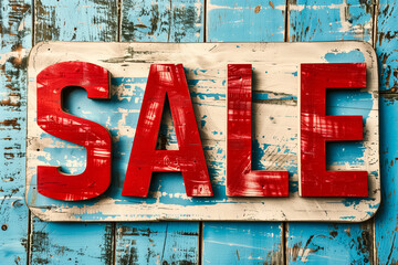 Sale sign on blue wooden wall