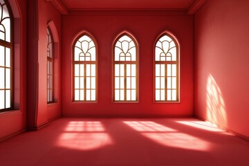 Fototapeta premium Empty room in Arabic style. Realistic spacious 3d Arabic room with large windows light shines through the window