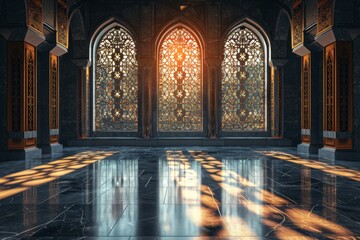 Obraz premium Empty room in Arabic style. Realistic spacious 3d Arabic room with large windows light shines through the window