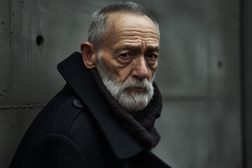 Obraz premium A man with a beard and gray hair is standing in front of a wall
