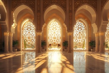 Obraz premium Empty room in Arabic style. Realistic spacious 3d Arabic room with large windows light shines through the window