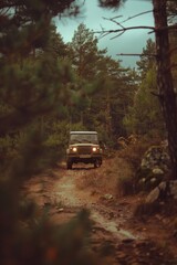 Obraz premium Rugged off-road vehicle on muddy forest path, dense foliage, adventure in nature. Off-road vehicle navigating through a forest path after a rainstorm, highlighting the challenges of muddy terrain