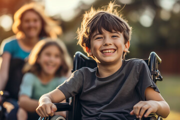 A boy in a wheelchair is smiling and laughing with two other children. Outdoors with friends