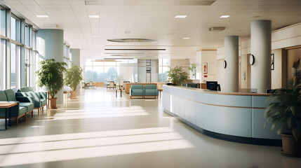 Empty modern hospital corridor, clinic hallway interior background with white chairs for patients waiting for doctor visit. Contemporary waiting room in medical office. Healthcare services concept