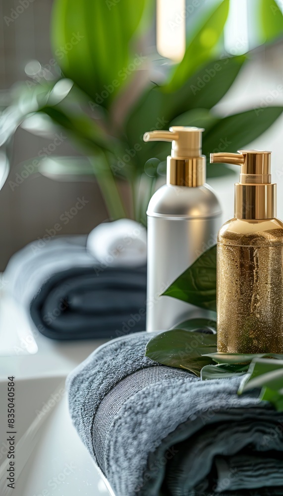 Poster two sleek, elegant bottles of shampoo and conditioner on a countertop in a bathroom or salon setting