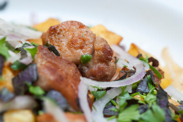 Fried meat with potatoes, onion and herbs on a white plate