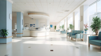 Fototapeta premium Empty modern hospital corridor, clinic hallway interior background with white chairs for patients waiting for doctor visit. Contemporary waiting room in medical office. Healthcare services concept