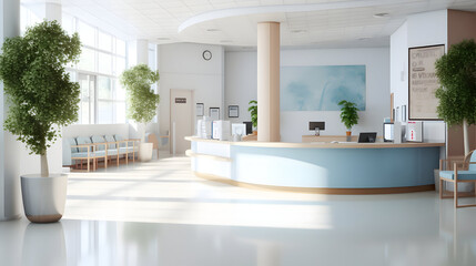 Fototapeta premium Empty modern hospital corridor, clinic hallway interior background with white chairs for patients waiting for doctor visit. Contemporary waiting room in medical office. Healthcare services concept