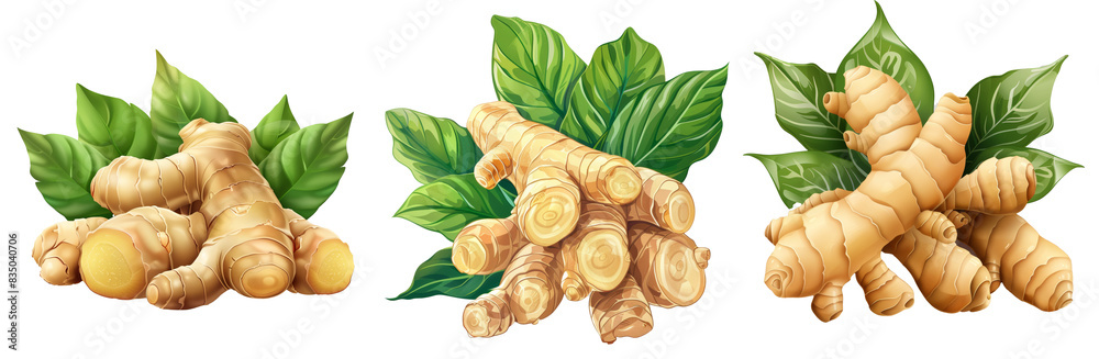 Poster isolated ginger with leaves over a transparent background.