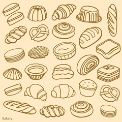 Isolated vector set of Bakery. Hand drawn and chalked cookies, barolls, pies, cakes, pastries, croissants.. Vintage template with pastries sketch. Fresh bakery. Shop. Template.	
