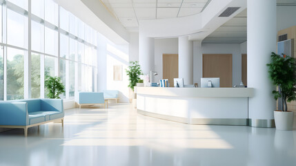 Empty modern hospital corridor, clinic hallway interior background with white chairs for patients waiting for doctor visit. Contemporary waiting room in medical office. Healthcare services concept