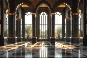 Fototapeta premium Empty room in Arabic style. Realistic spacious 3d Arabic room with large windows light shines through the window
