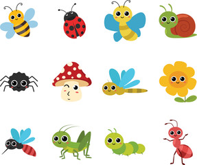 Cute bugs and insects cartoon characters, bumblebee, ladybug, ant, caterpillar, snail, spider, bee, dragonfly, grasshopper, mosquito, butterfly